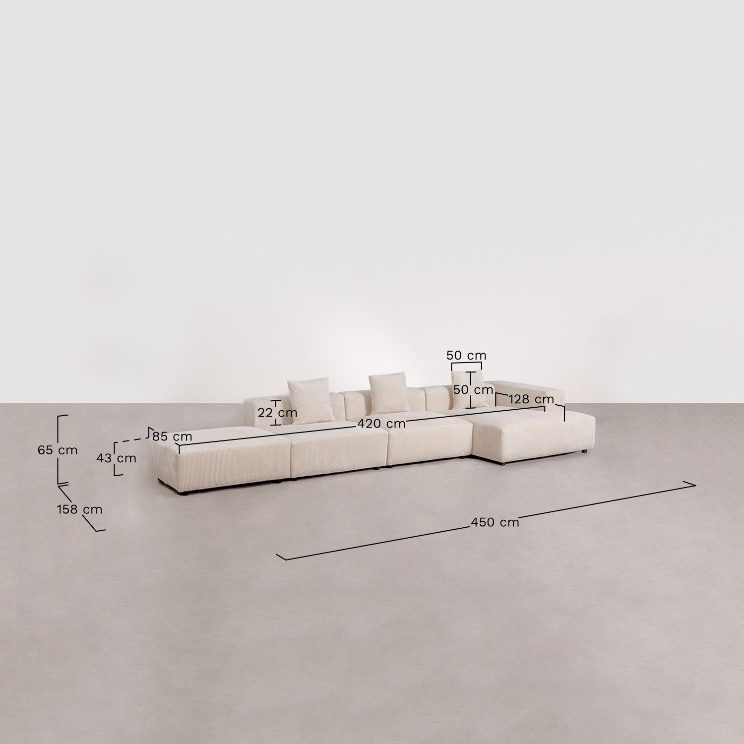 Modulares Ecksofa mit Chaiselongue, 3-teilig mit Hocker ↔︎450 cm Bruna, MA&szlig;E