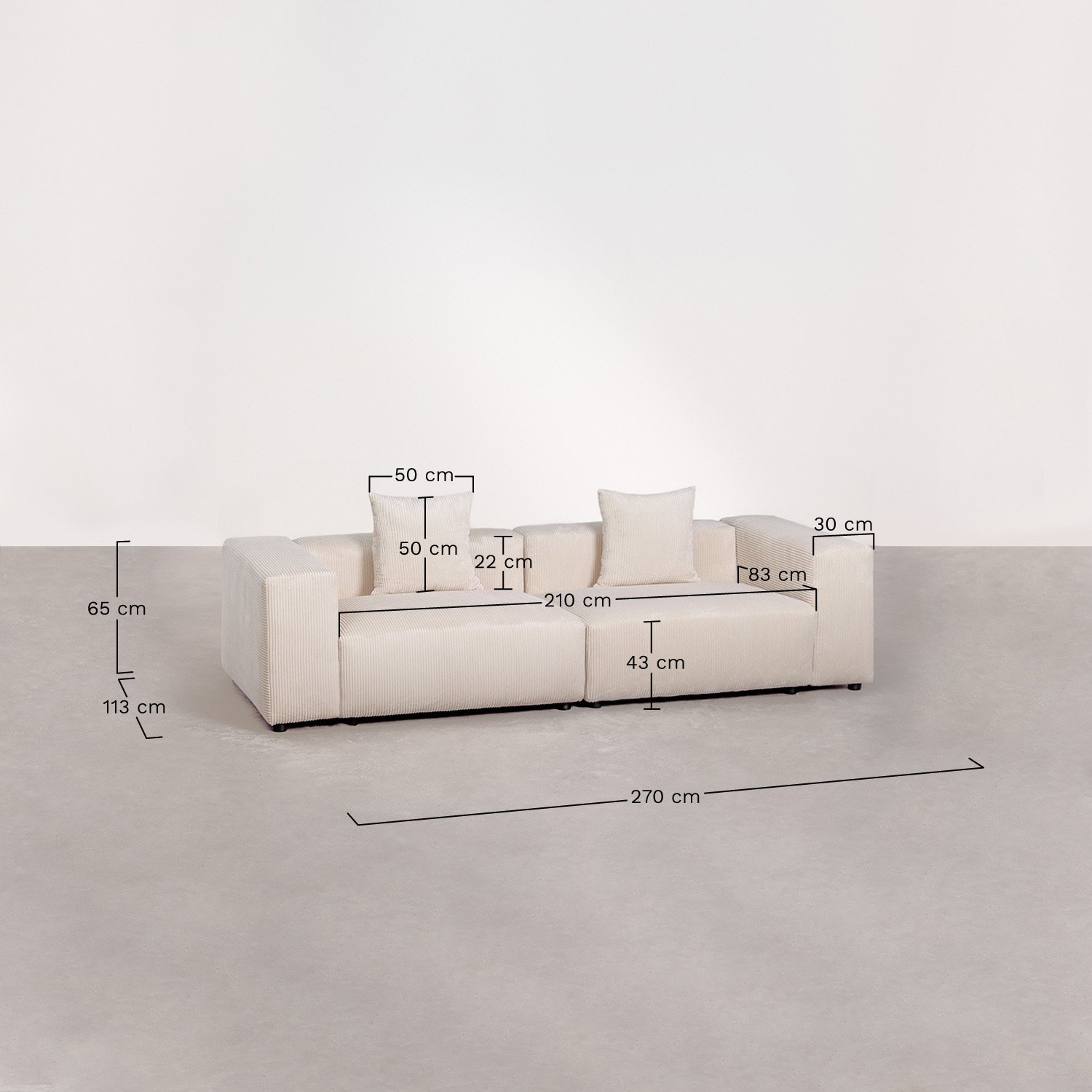2-teiliges modulares Sofa ↔︎270 cm mit hoher Armlehne Bruna, MA&szlig;E