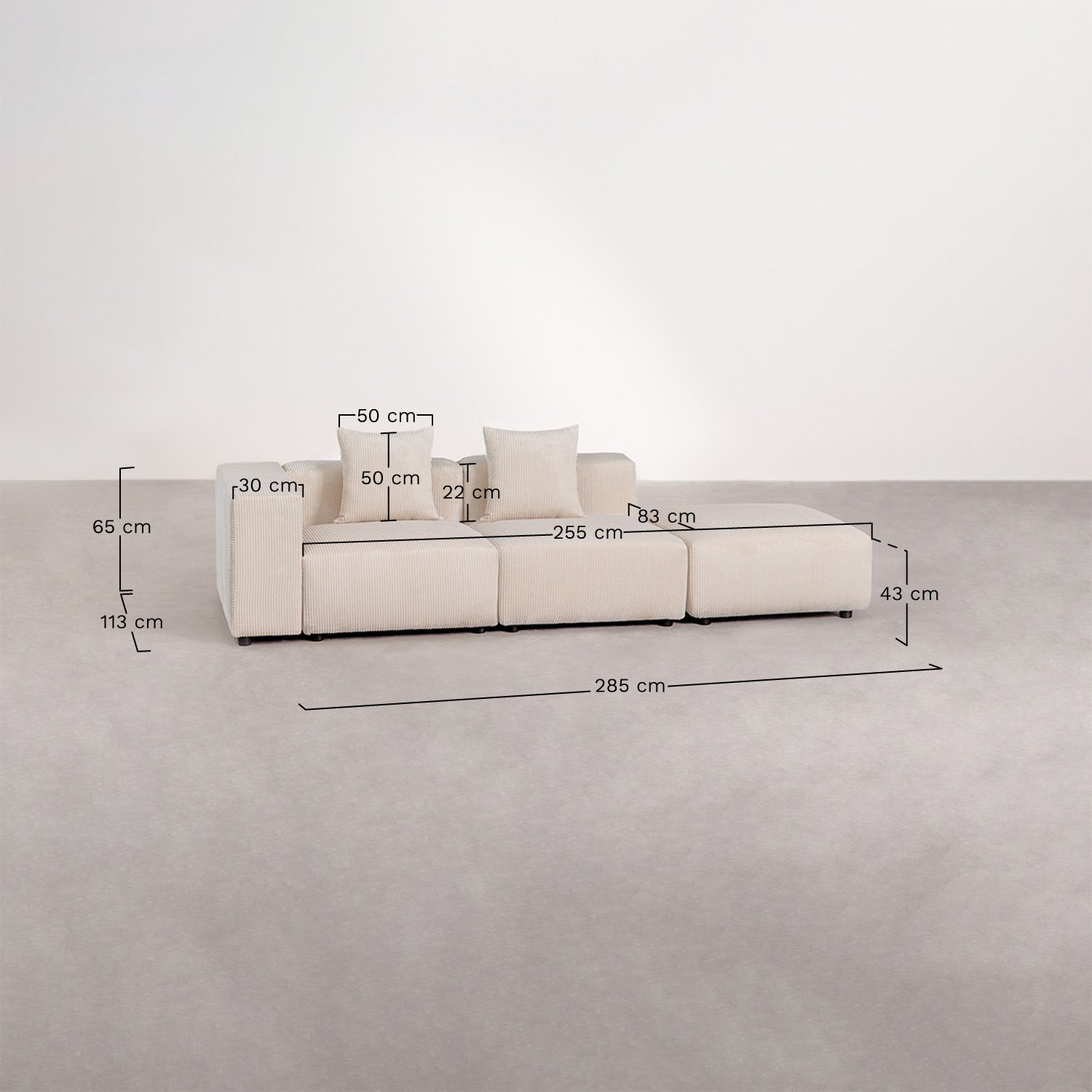 2-teiliges modulares Ecksofa links mit hoher Armlehne und Hocker ↔︎285 cm Bruna, MA&szlig;E