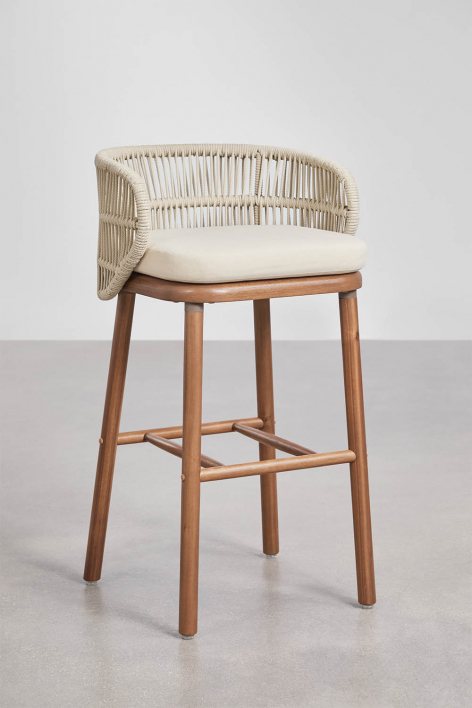 Hoher Hocker aus Akazienholz und geflochtener Kordel Capri - Creme-Beige