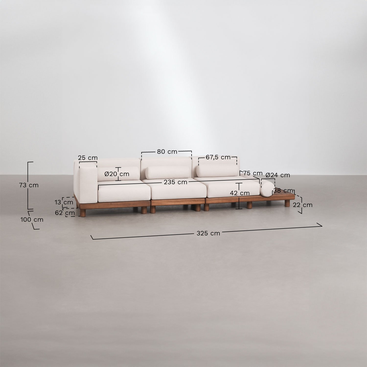 Modulares Eck-Gartensofa 3-teilig mit Beistelltisch aus Akazie Edrien, MA&szlig;E