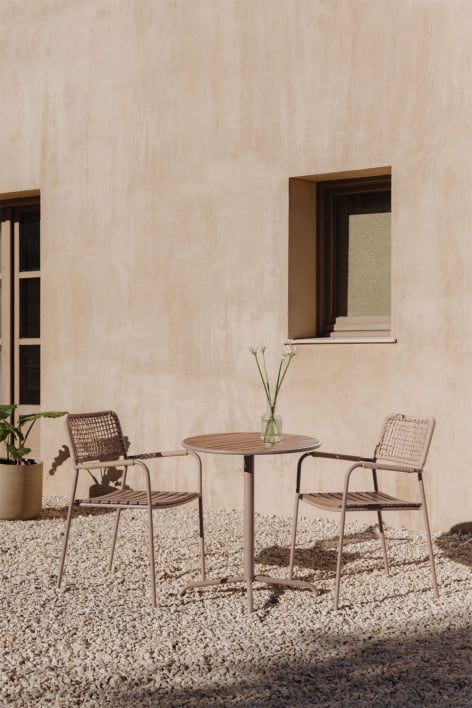 Runder Gartentisch-Set Ø65 cm und 2 stapelbare Gartenstühle aus Stahl und Akazienholz Tilda