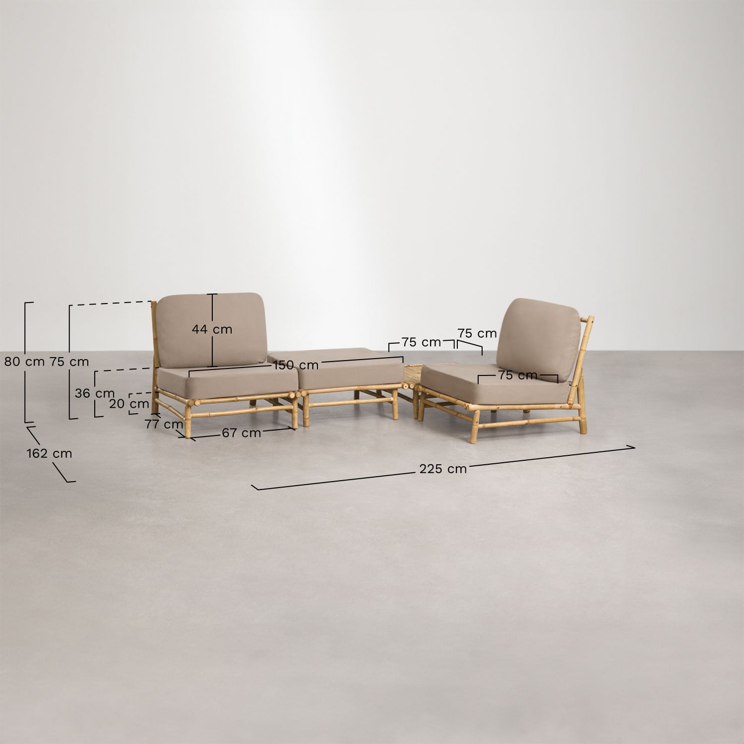 Garten-Set mit 2 Sesseln, Hocker und quadratischem Couchtisch 75x75 cm aus Bambus Isendra, MA&szlig;E