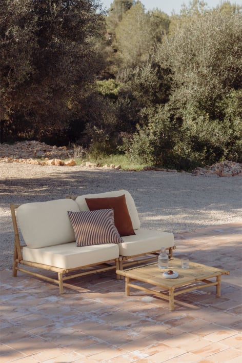 Garten-Set mit 2-teiliger modularer Sofa und quadratischem Couchtisch 75x75 cm aus Bambus Isendra