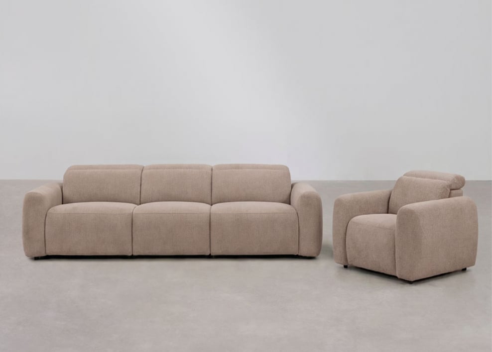 Wohnzimmerset mit 3-Sitzer-Elektro-Recliner-Sofa und gepolstertem Sessel Peggy - Chenille Braun Weizen