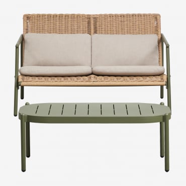 Gartenset Mit 2-sitzer-sofa Und Couchtisch Aus Aluminium Und Synthetischem Rattan Duroli Tiefes Grün Olive - Sklum
