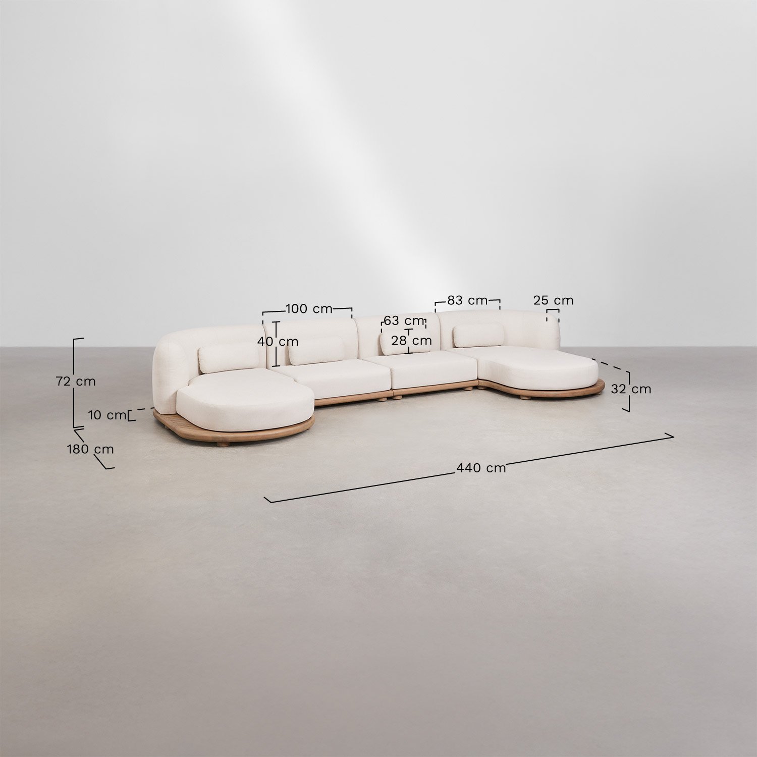 Modulares Garten-Chaiselongue-Sofa aus 4 Teilen aus Akazienholz Gerard, MA&szlig;E