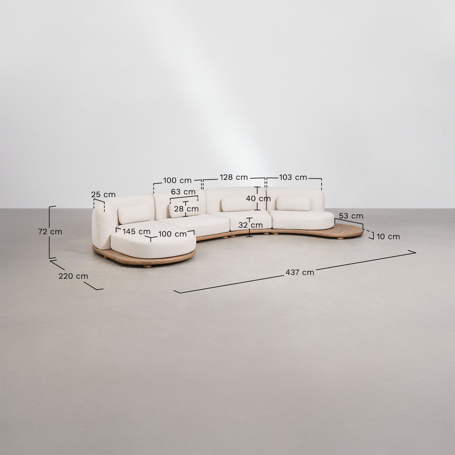 Garten-Set mit modularer linker Chaiselongue-Sofa aus 4 Teilen und 2 Couchtischen aus Akazienholz Gerard, MA&szlig;E