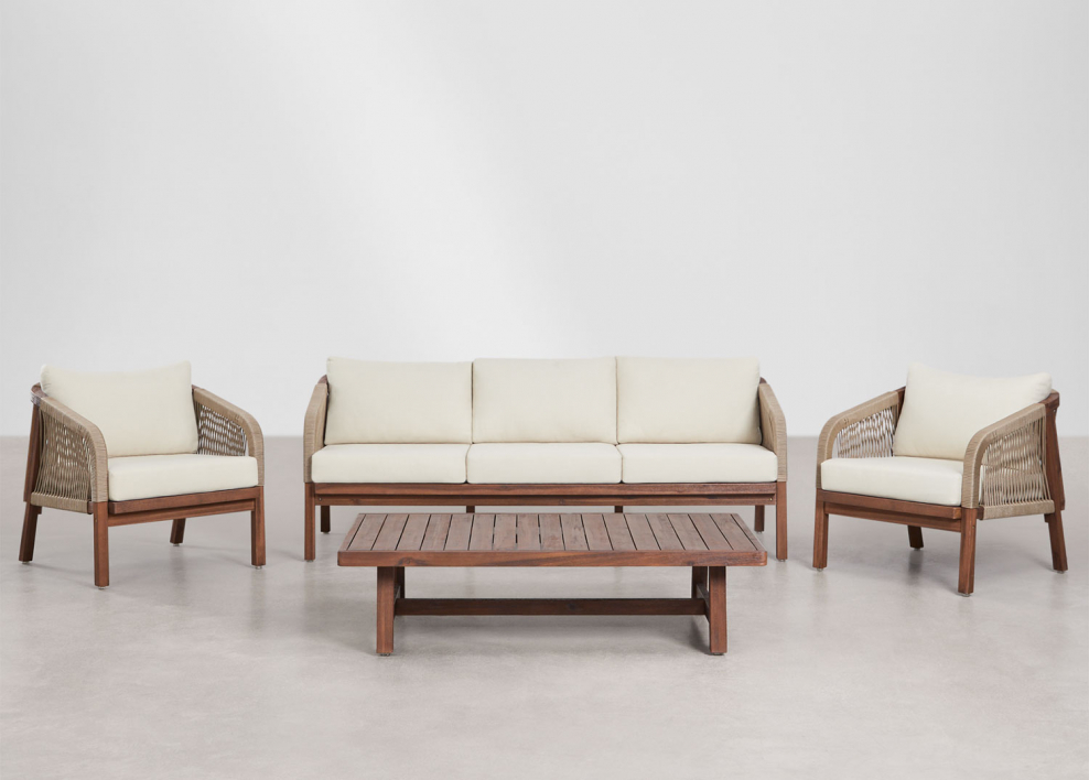 Wohnzimmerset mit 3-Sitzer-Sofa, 2 Sesseln und Couchtisch aus Akazienholz Dubai - Gardenia Weiß