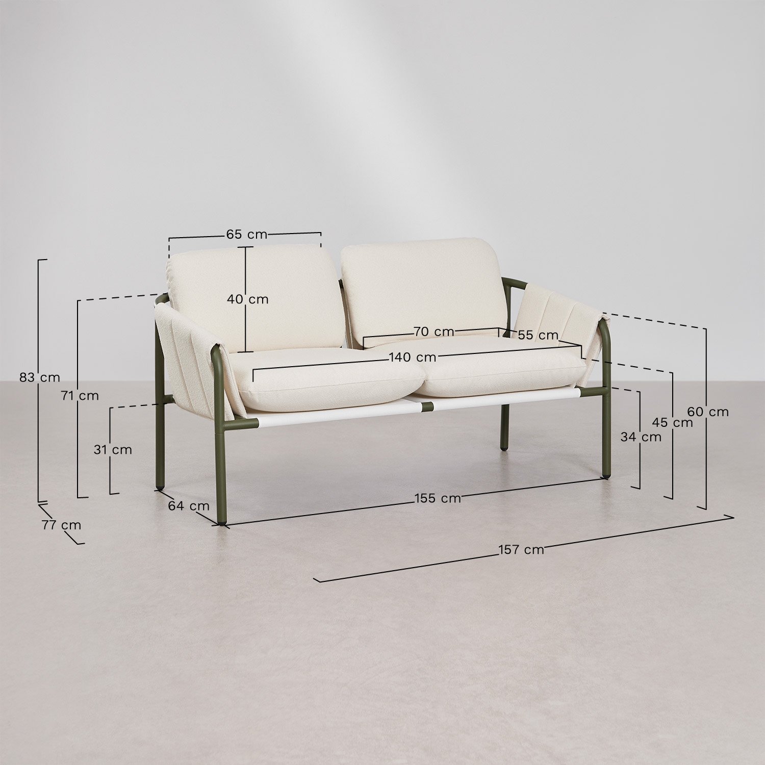 Zunika Garten-Set mit 2-Sitzer-Sofa mit Polster und Stahl-Couchtisch, MA&szlig;E