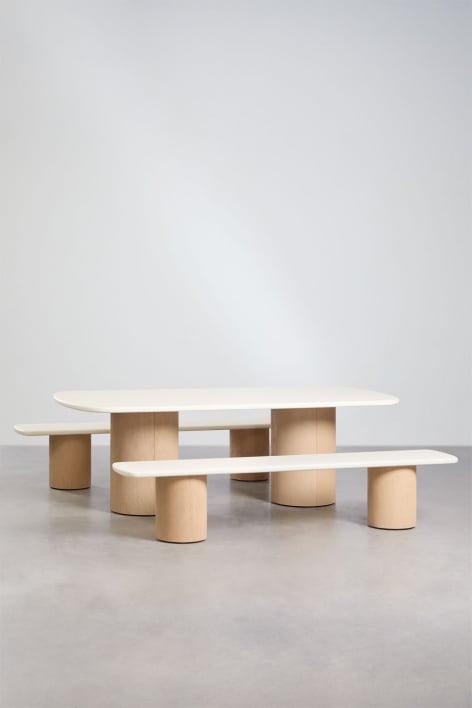 Set aus rechteckigem Tisch 230x110 cm und 2 Gartenbänken aus Beton und Akazienholz Sharpay