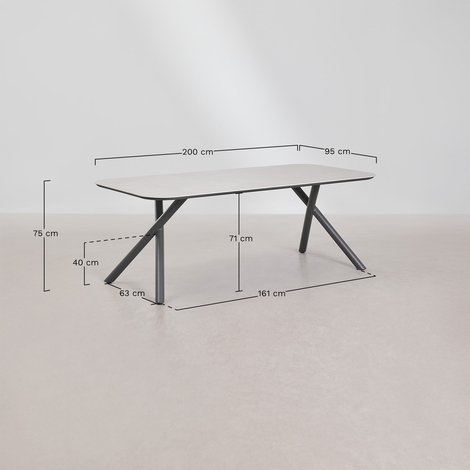 Rechteckiger Esstisch 200x95 cm aus Brinela-Aluminium, MA&szlig;E