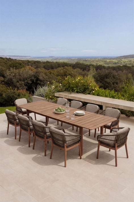 Set aus rechteckigem Tisch 250-310x105 cm ausziehbar Duala und 10 Gartenstühle aus Akazienholz und geflochtener Schnur Karvia