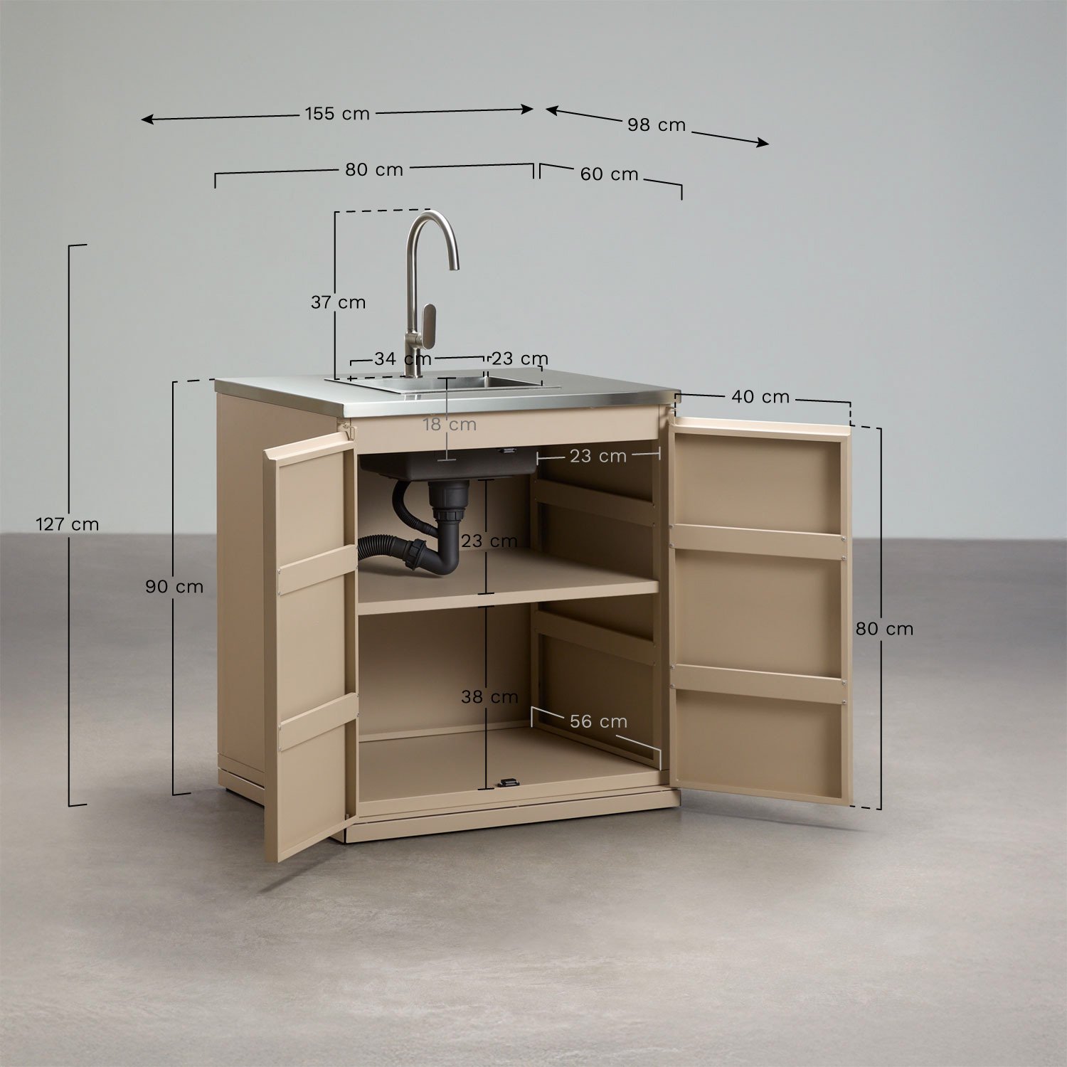 Modul mit Spüle zur Aufbewahrung für modulare Außenküche aus Rivana-Stahl, MA&szlig;E