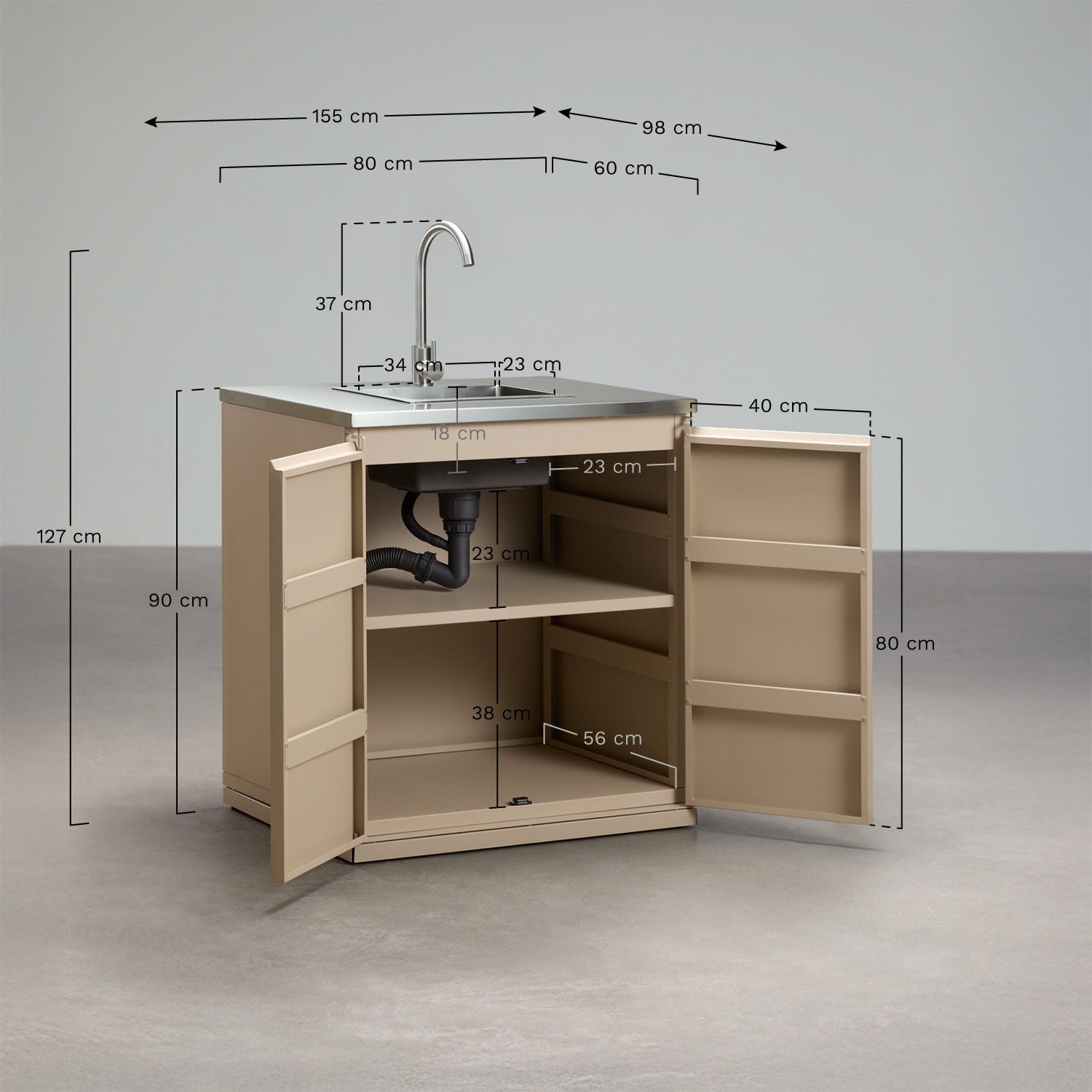 Modul mit Spüle zur Aufbewahrung für modulare Außenküche aus Rivana-Stahl, MA&szlig;E