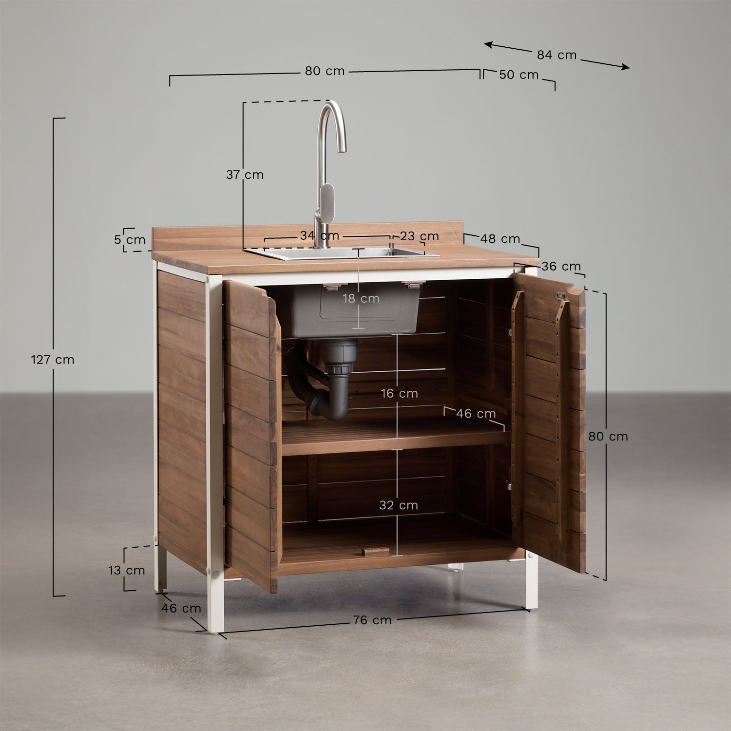 Außenküchen-Aufbewahrungsmodul mit Spüle aus Akazienholz und Aluminium Reggie, MA&szlig;E