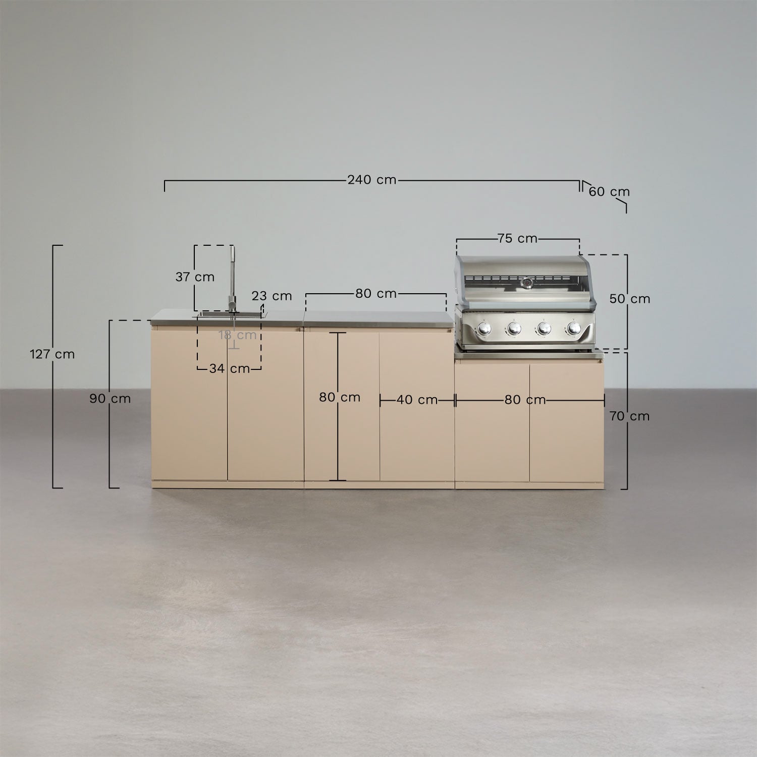 Modulares Outdoor-Küche aus 3 Teilen mit Spüle und Gasgrill mit 4 Brennern aus Rivana-Stahl, MA&szlig;E