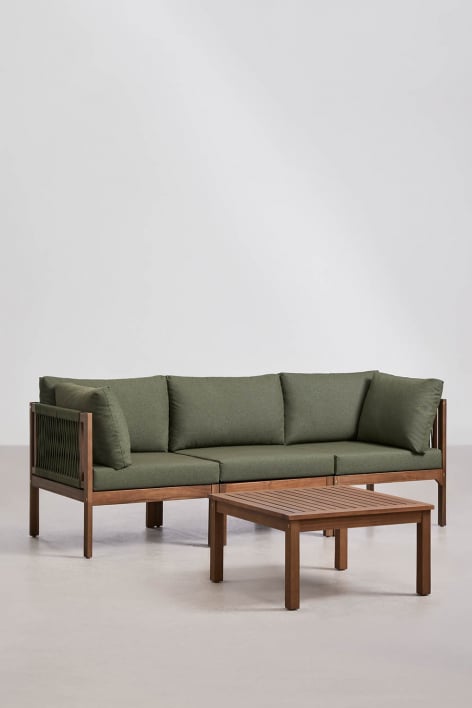 Wohnzimmer-Set mit 3-teiliger modularer Sofagarnitur mit Armlehnen und Couchtisch aus Akazienholz Branson - Tiefes Grün Olive 