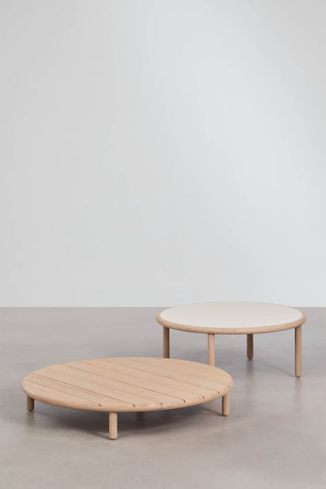 Set aus 2 runden Couchtischen für den Garten aus Akazienholz Olivia - Hellbraun Akazie – Weiß Gardenie