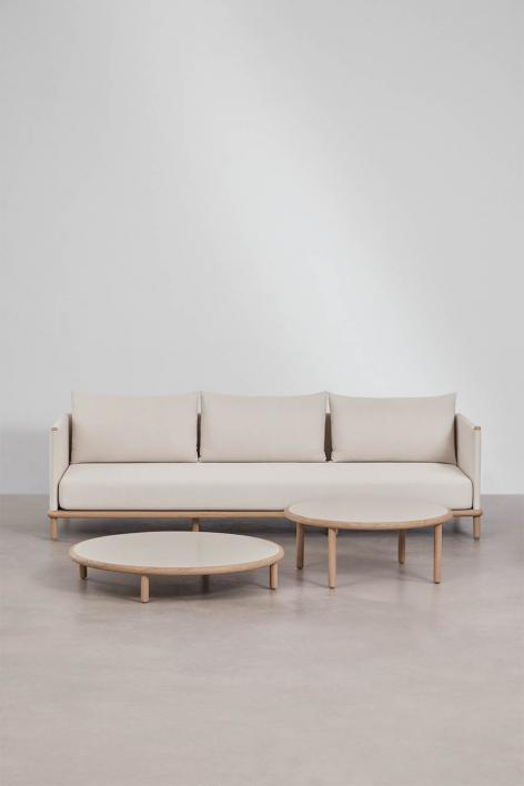 Olivia Wohnzimmergarnitur mit 3-Sitzer-Sofa und 2 runden Couchtischen aus Akazienholz - Gardenia Weiß
