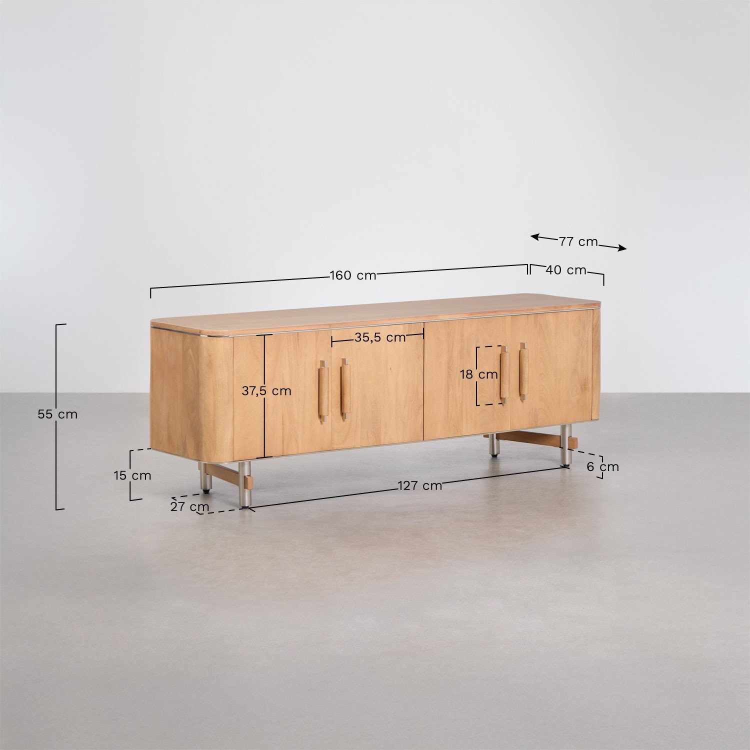 TV-Möbel 160x40 cm aus Mangoholz und Stahl Osaka, MA&szlig;E