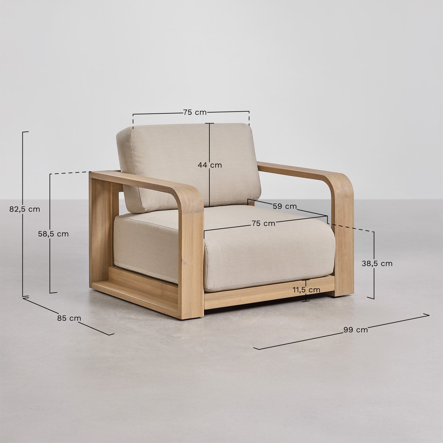 4-teiliges Garten-Set mit modularer Sofagarnitur mit Armlehnen, Sessel und Couchtisch aus Akazienholz Brivori, MA&szlig;E