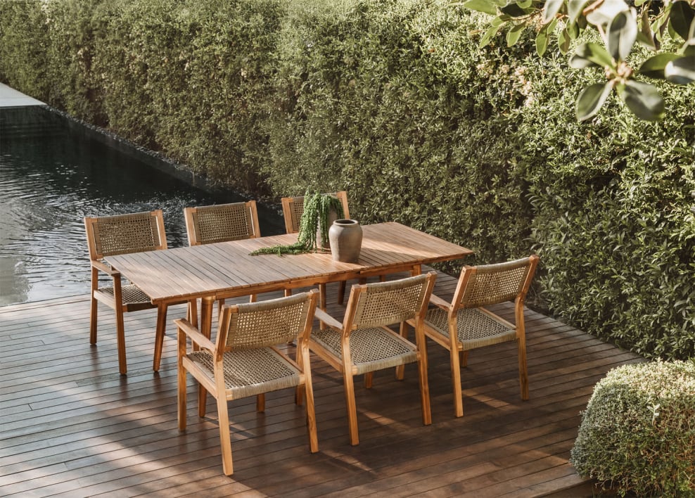 Ausziehbarer rechteckiger Esstisch 160-210x90 cm und 6 Gartenstühle mit Armlehnen aus Akazienholz Tenay