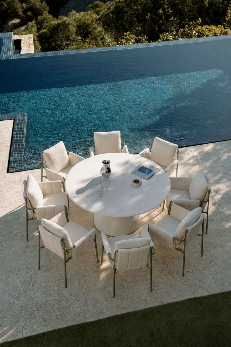 Set aus rundem Tisch Ø150 cm aus Zement Numira und 8 Gartenstühlen mit Armlehnen, gepolstert und aus Stahl Zunika - Tiefes Grün Olive 