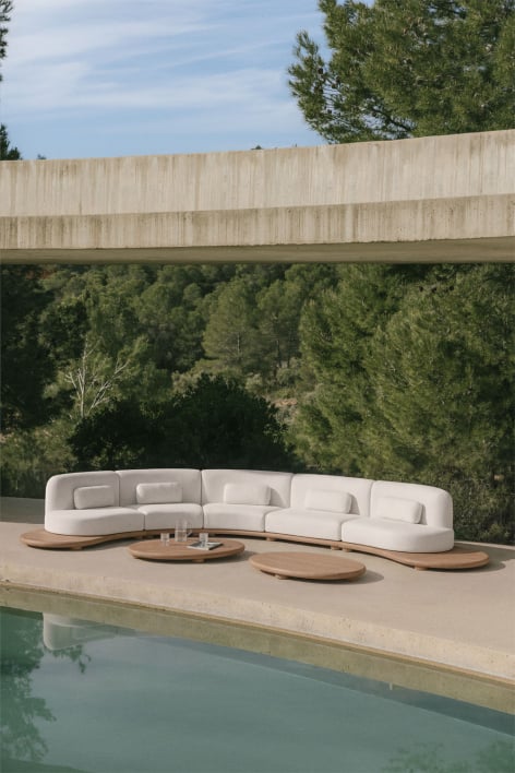 Garten-Set mit 5-teiliger, geschwungener modularer Sofagarnitur und 2 Couchtischen aus Akazienholz Gerard