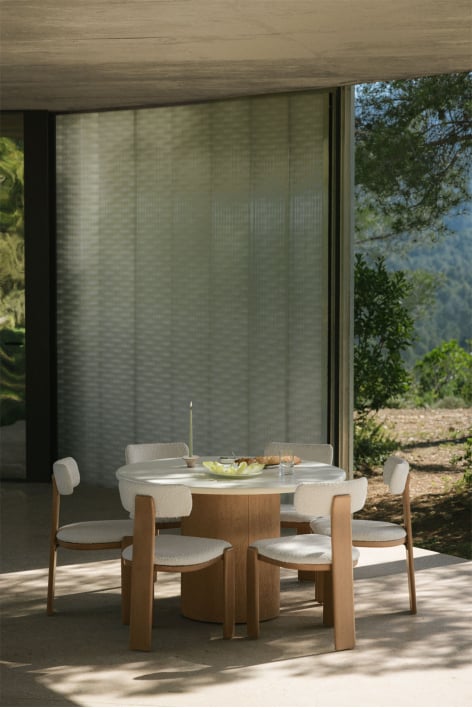 Set aus rundem Tisch Ø120 cm aus Beton Sharpay und 6 Gartenstühlen aus Akazienholz und Bouclé-Stoff Malta - Helles Akazienbraun