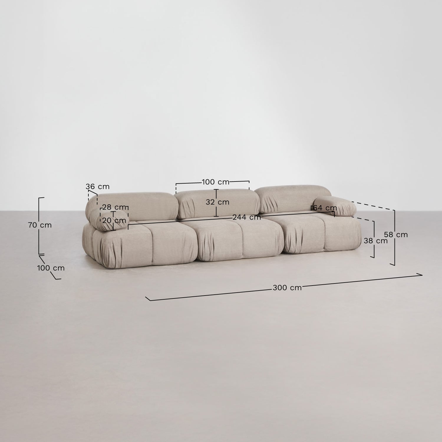 Kendall 3-teiliges modulares Sofa und Bouclé-Pouf, vakuumverpackt, MA&szlig;E
