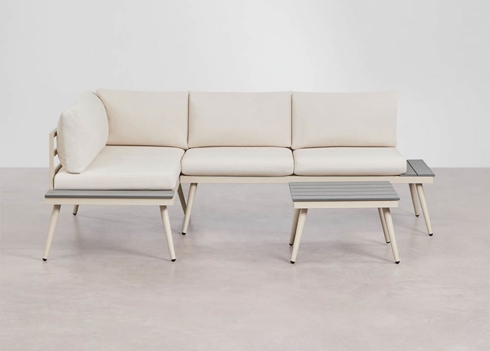 Nadi Gartenset mit 4-Sitzer Ecksofa und Aluminium-Holz-Couchtisch - Beige Tapioca – Hellgrau
