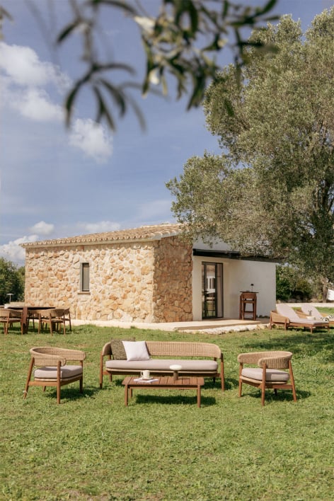 Gartenset mit 3-Sitzer-Sofa, 2 Sesseln und Couchtisch aus Akazienholz Ribeira