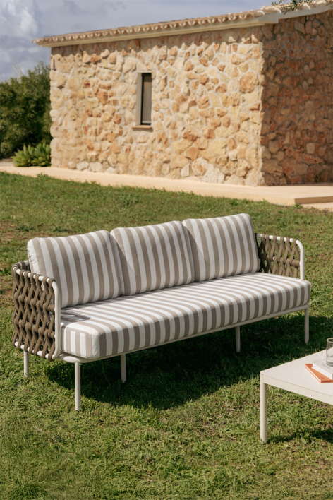 3-Sitzer Garten-Sofa aus Aluminium und geflochtener Tevary-Schnur - Stoff Mokka-Braun – Gardenia-Weiß