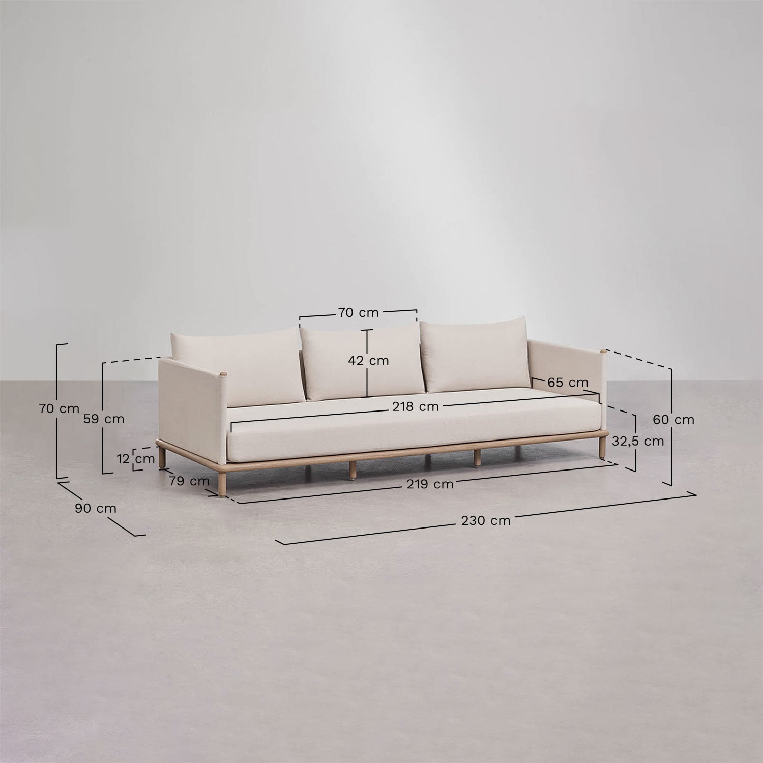 3-Sitzer-Sofa aus Akazienholz Olivia, MA&szlig;E