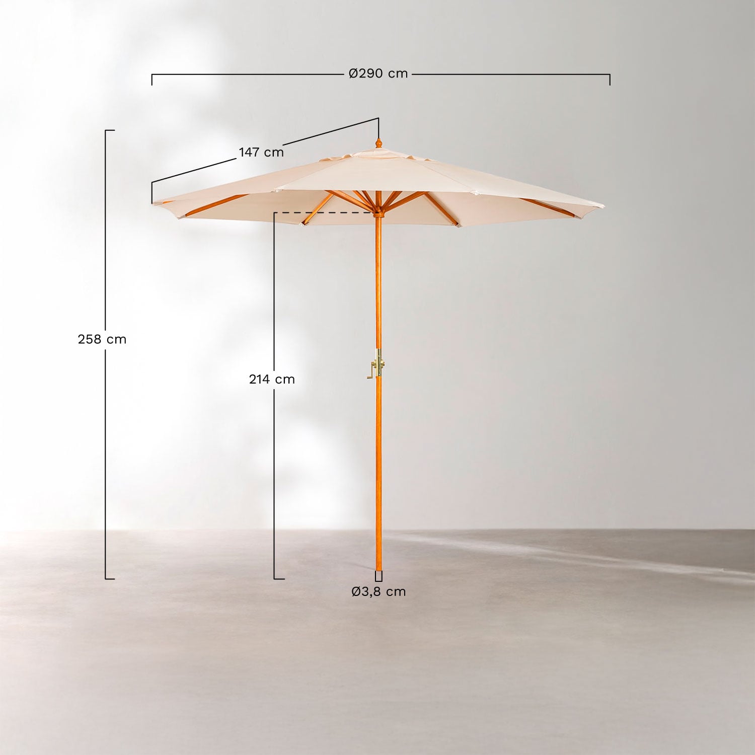 Sonnenschirm Ø290 cm aus Stoff und Holz Cretas, MA&szlig;E