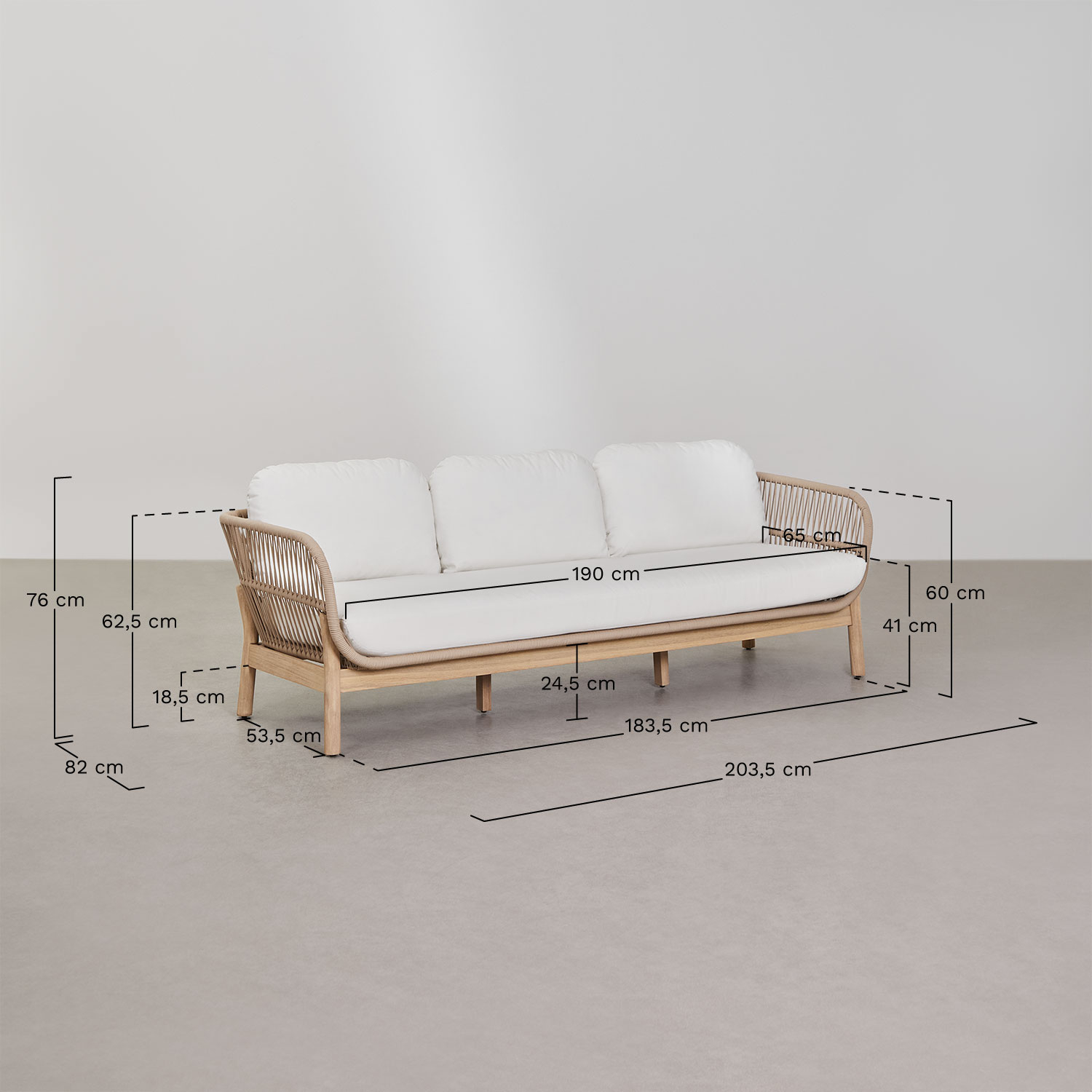 3-Sitzer Garten-Sofa aus Akazienholz und geflochtenem Seil Karvia, MA&szlig;E