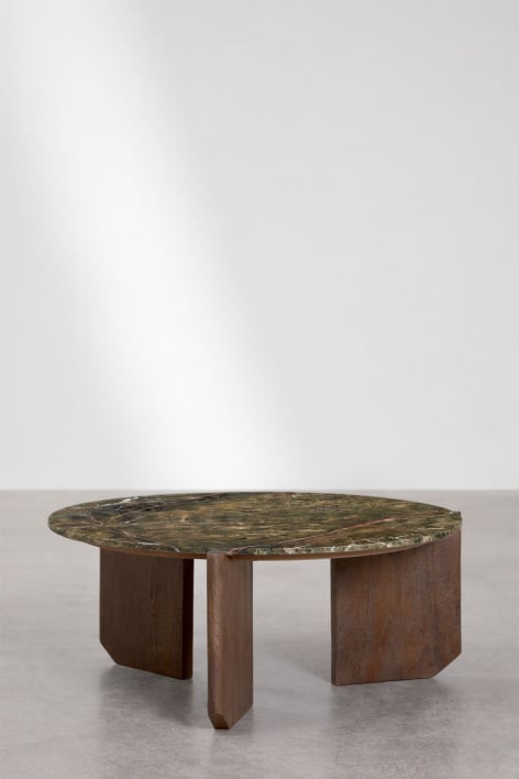 Runder Couchtisch aus Naturstein und Mangoholz Lavinia - Grüner Marmor Forest