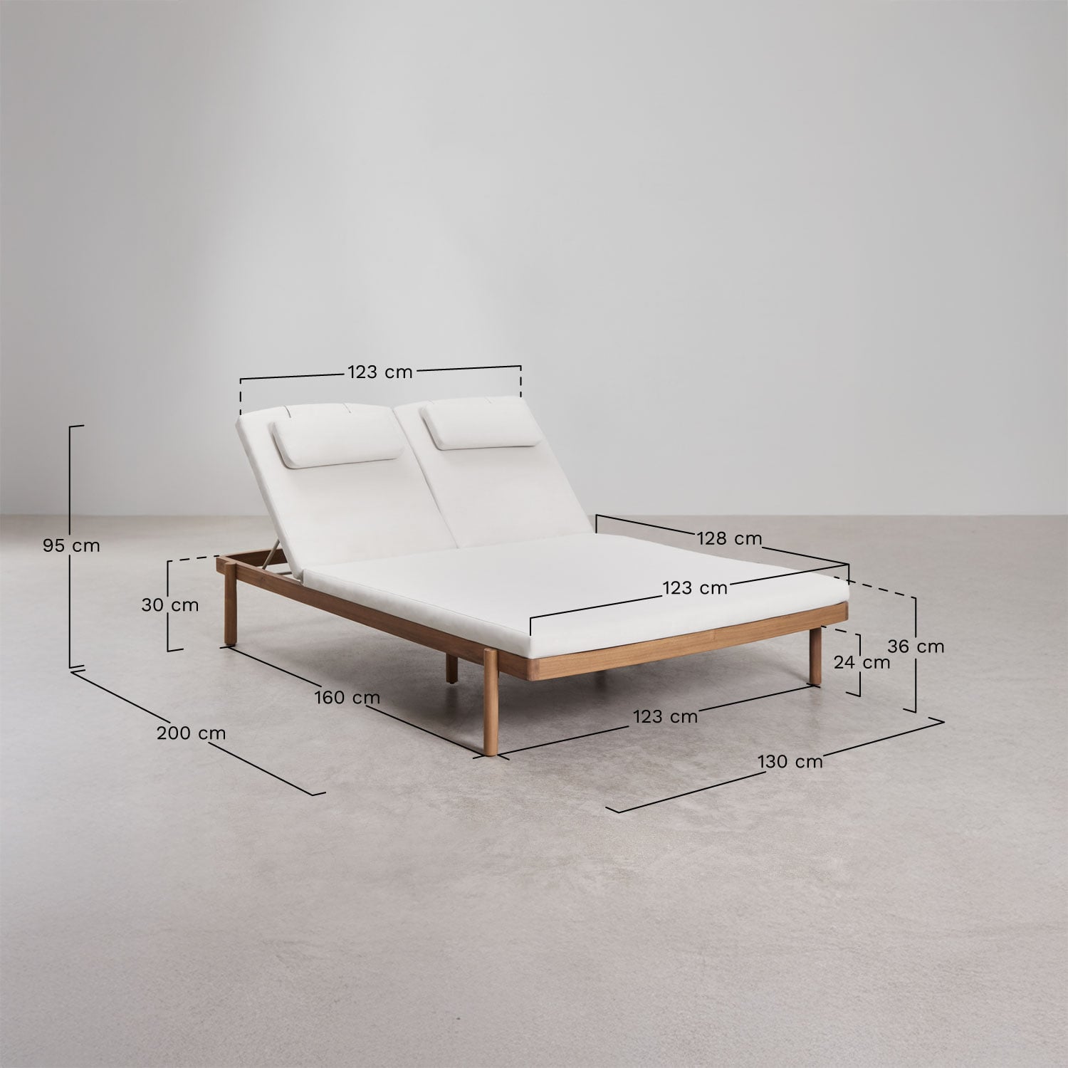 Doppelliege aus Akazienholz mit verstellbarer Rückenlehne und Kissen Aderyn, MA&szlig;E