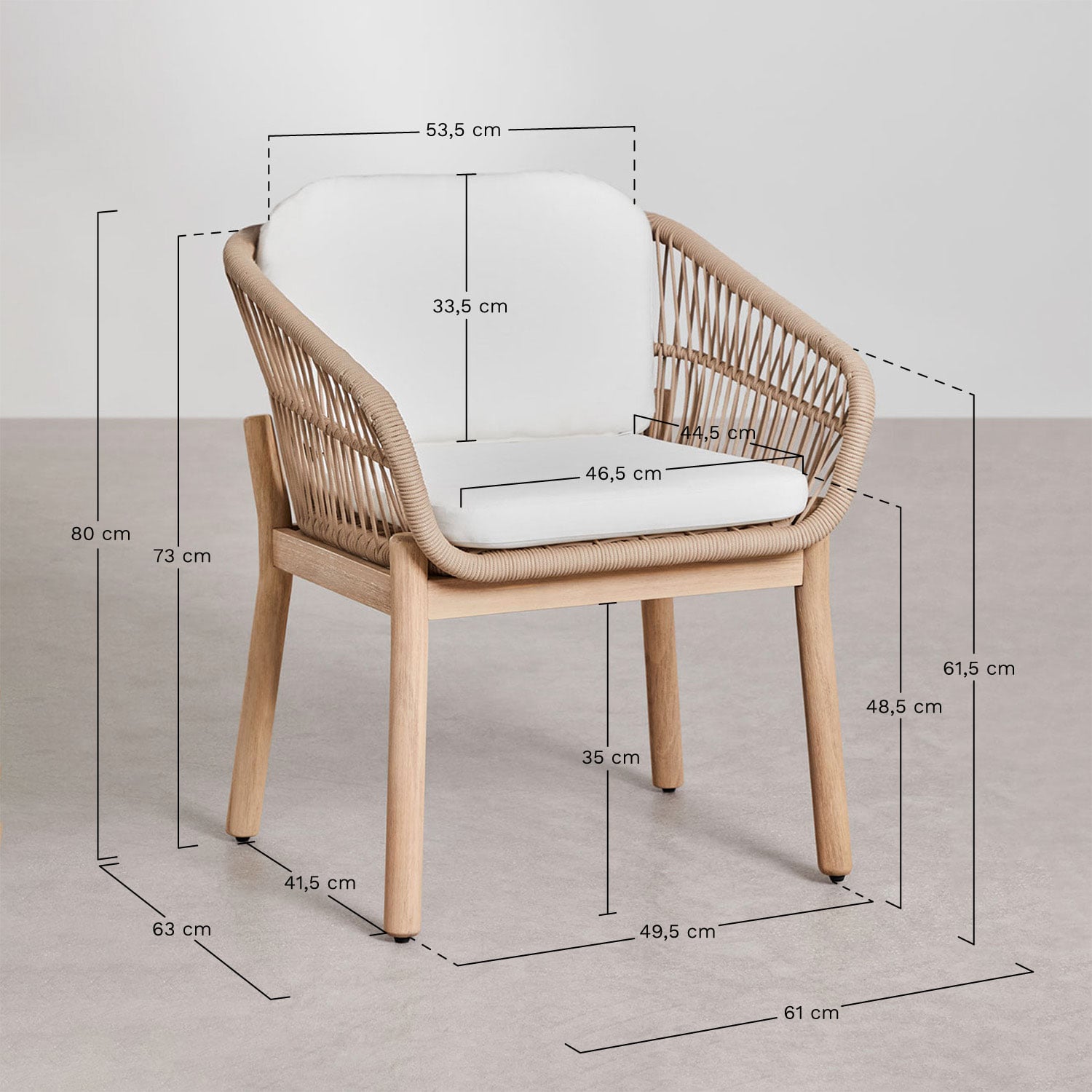 Esszimmerstuhl mit Armlehnen aus Akazienholz und geflochtenem Seil Karvia, MA&szlig;E