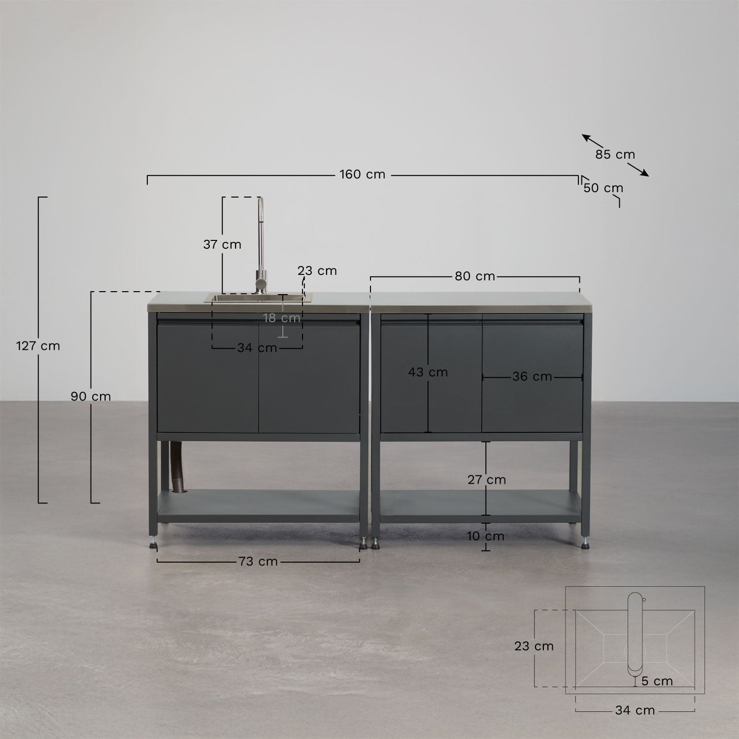 Modulares 2-teiliges Outdoor-Küchenset mit Spüle und Stauraum aus Stahl Savona, MA&szlig;E