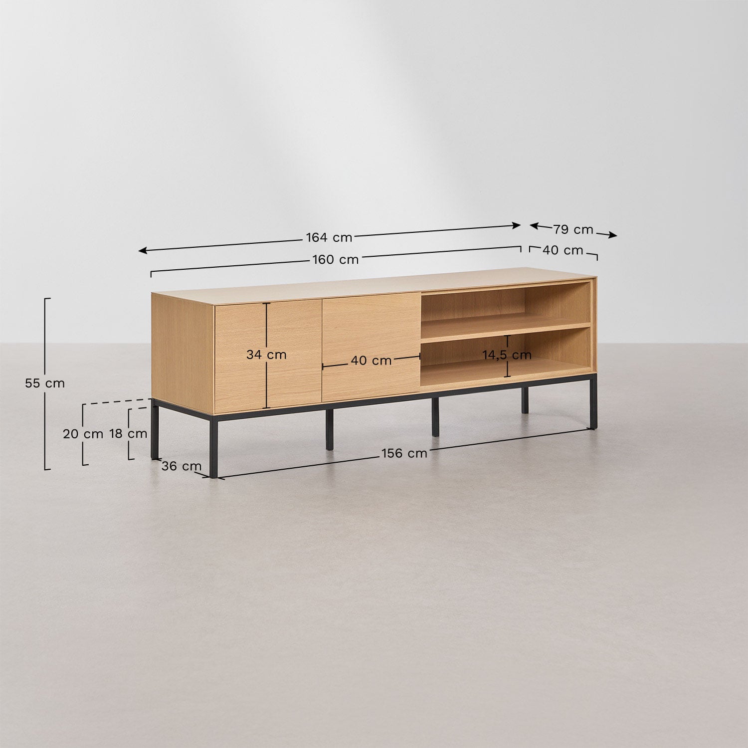 TV-Möbel 160x40 cm aus MDF und Eichenfurnier Bromley, MA&szlig;E