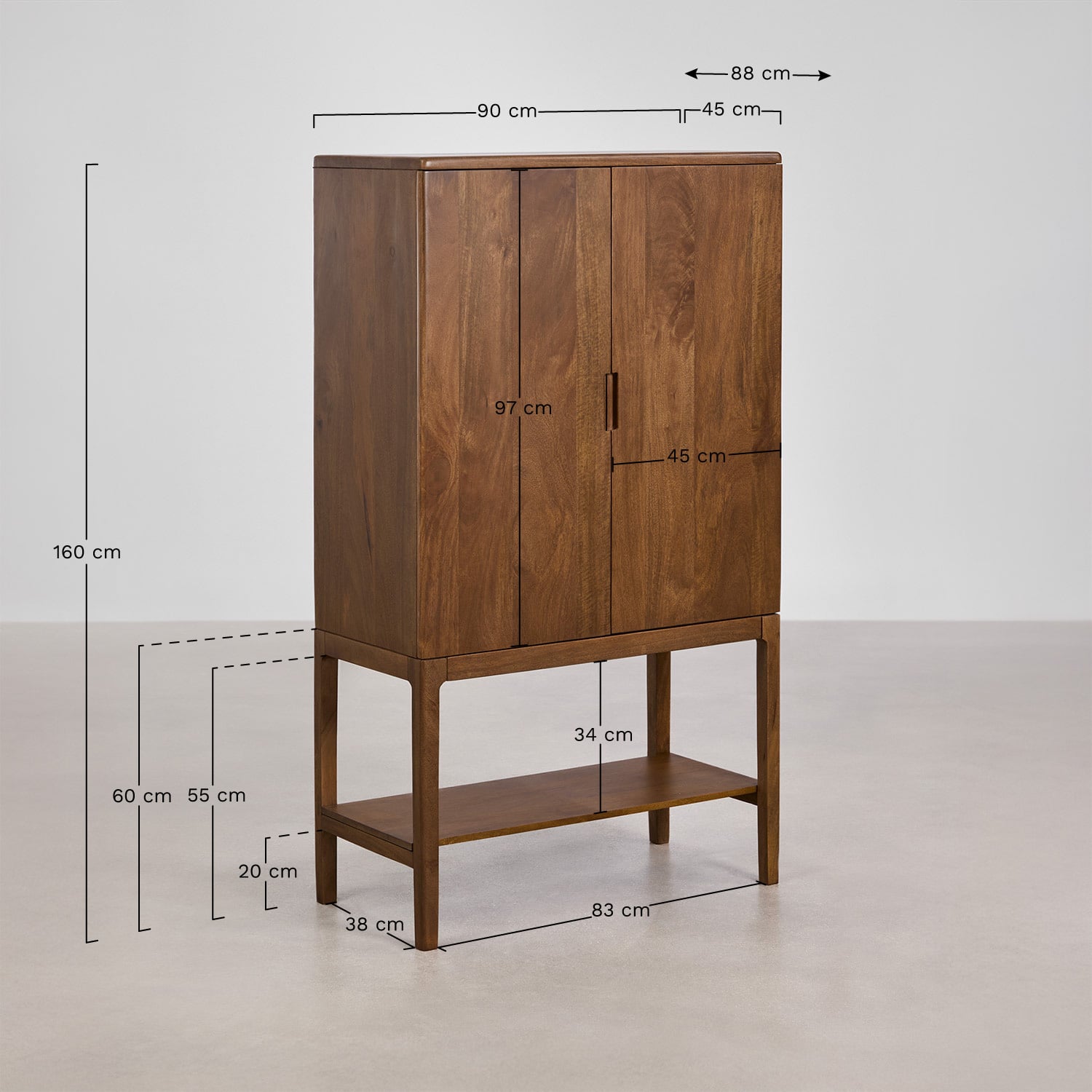 Hoher Sideboard 90x45 cm aus Mangoholz Kenscoff, MA&szlig;E