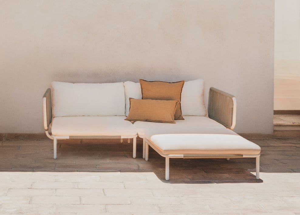 Modulares 2-teiliges Gartensofa mit 2 Eckmodulen und Hocker aus Roubly-Stahl