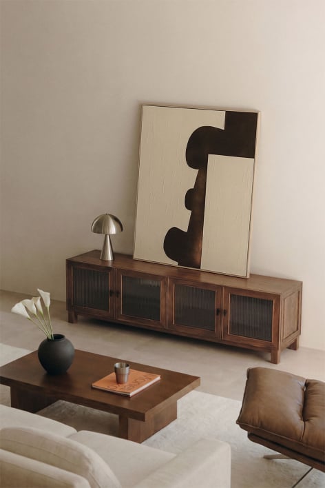 TV-Lowboard 170x45 cm aus dunklem Mango-Holz und Glas mit schwarzen Griffen Ildara