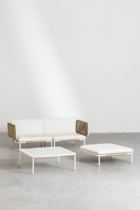 Gartenset mit 2-teiliger modularer Sofagarnitur mit 2 Eckmodulen, Couchtisch und Hocker aus Roubly-Stahl