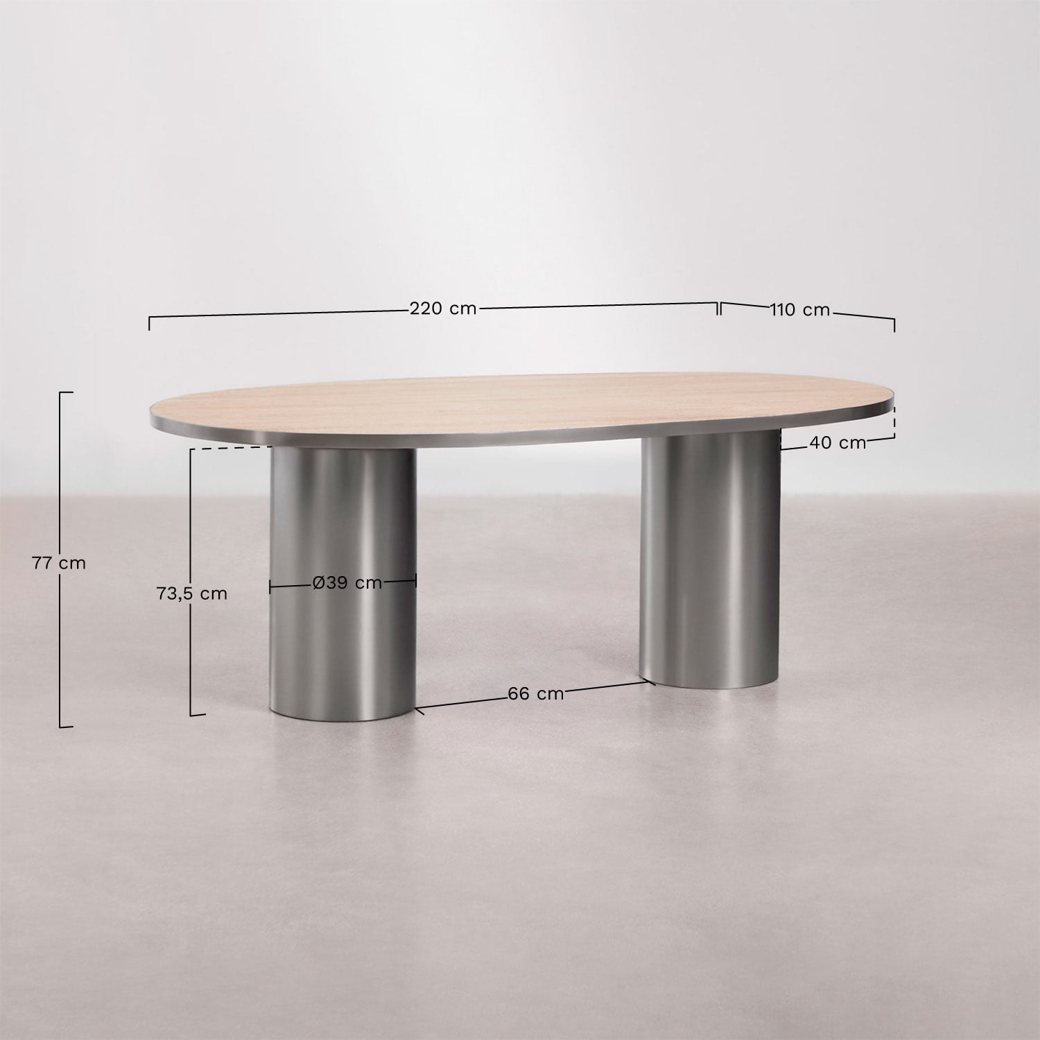 Ovaler Esstisch 220x110 cm aus Naturstein und Edelstahl Fertrix, MA&szlig;E