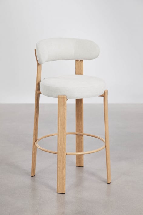 Hoher Hocker mit Rückenlehne aus Chenille-Stoff und Eisen Jolie - Braun Naturholz