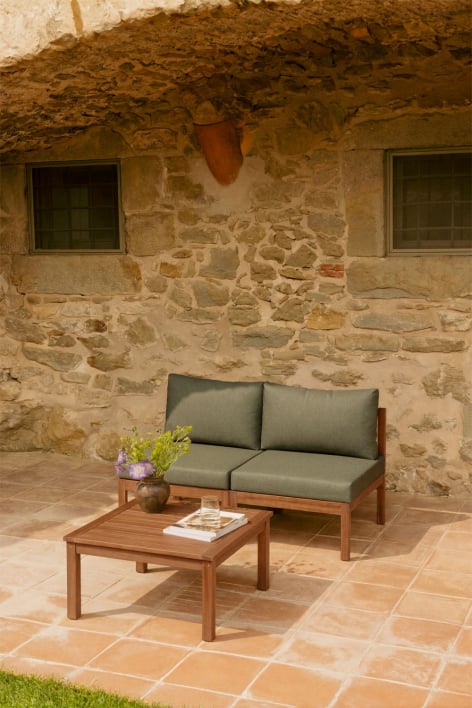 Gartenset mit 2-teiliger modularer Sofagarnitur und Couchtisch aus Akazienholz Branson - Intensives Olivgrün – Dunkles Akazienbraun