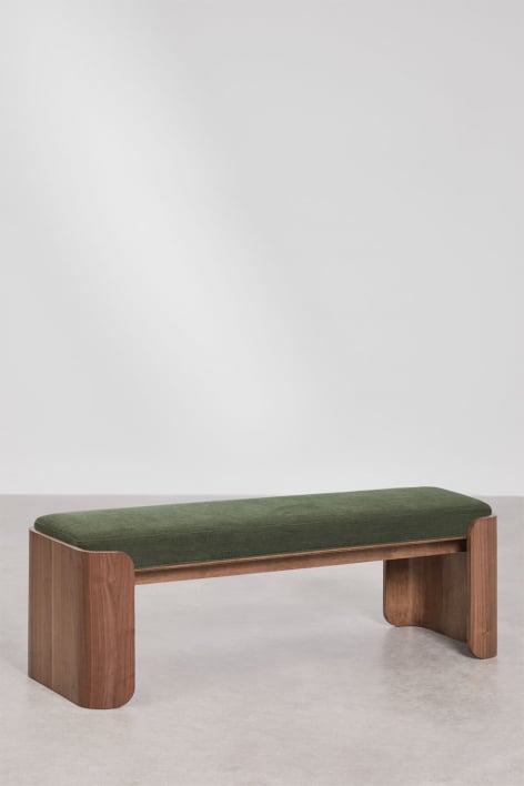 Sitzbank 140 cm aus dunklem Gummibaumholz und Furnier mit Stoffbezug Intensiv Olivgrün Lofren